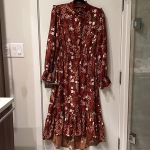 Autumnal fall brown button up high low ruffle dress